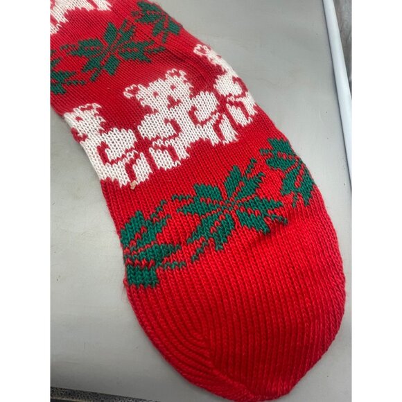 Christmas large stocking knit bear snowflakes red green white 2 hooks 38" READ - Picture 4 of 6